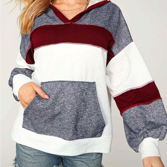 *Last One* Color Block White/Navy/Burgundy Outseam Detail Hoodie Top, sizes M - Picture 4 of 7
